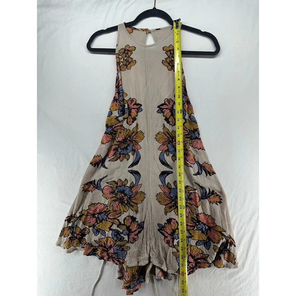 Free People Floral Lace Up Side Mini Dress Taupe Boho Sleeveless Size S